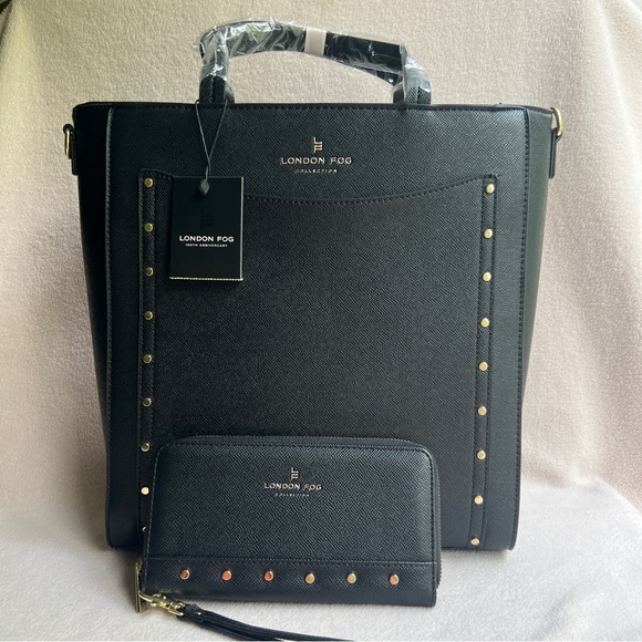 London Fog Elegant Black Tote and Wallet Set Vegan Leather Sophia Studded - Picture 1 of 15